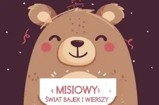Miś trzyma plakat zapraszający do konkursu plastycznego dla dzieci w Krakowie.