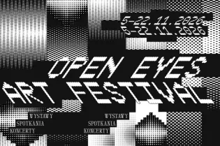 Plakat festiwalu Open Eyes z datami, informacjami o wystawach i koncertach.