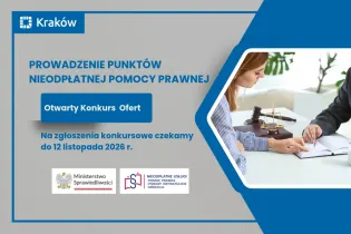 Grafika informująca o otwartym konkursie ofert na prowadzenie punktów nieodpłatnej pomocy prawnej. Termin składania ofert upływa 12 listopada 2026 r.