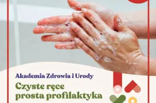 Plakat promujący wykład o profilaktyce zdrowotnej i higienie rąk w Krakowie.
