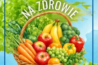Kosz z owocami i warzywami, informacja o konkursie plastycznym w Krakowie.