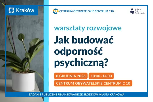 Plakat warsztatów rozwojowych z fotografią rośliny doniczkowej na tle szarej ściany.