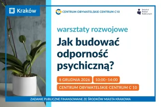 Plakat warsztatów rozwojowych z fotografią rośliny doniczkowej na tle szarej ściany.