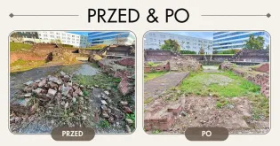 Porównanie terenu przed i po remoncie, z widocznymi zmianami w zagospodarowaniu przestrzeni.