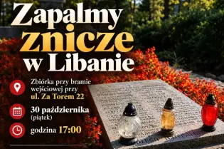 Znicze na grobie, informacja o zbiórce na 30 października w Libanie.