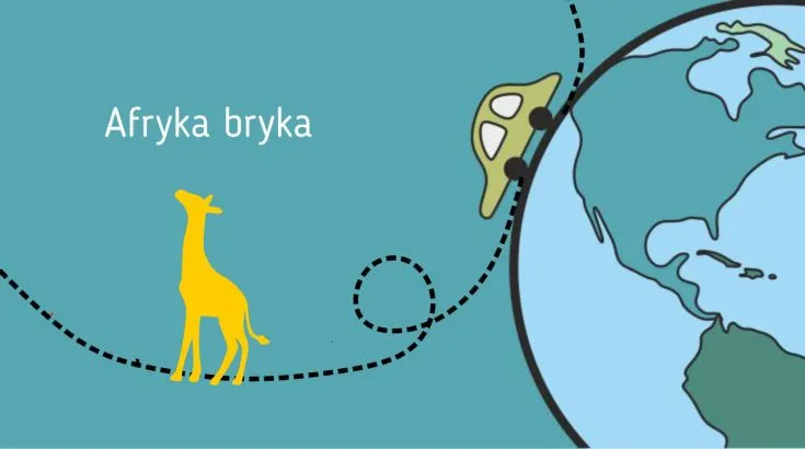 Żółta żyrafa obok zielonego samochodu na tle mapy świata z napisem Afryka bryka.