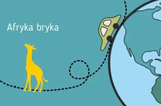 Żółta żyrafa obok zielonego samochodu na tle mapy świata z napisem Afryka bryka.