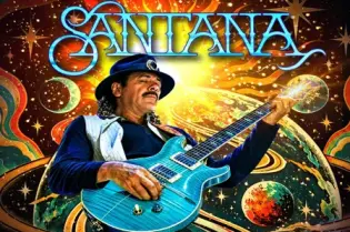 Santana gra na gitarze, w tle kosmiczny motyw z planetami i gwiazdami.