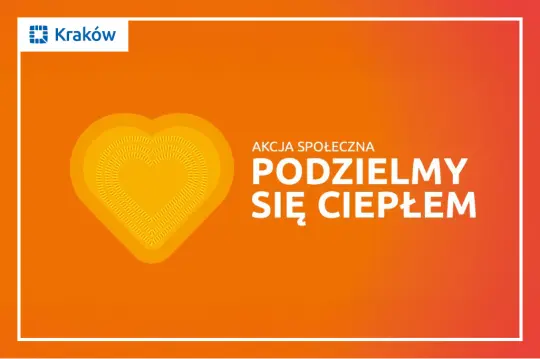 Akcja społeczna Podzielmy się ciepłem, serce na tle pomarańczowym.