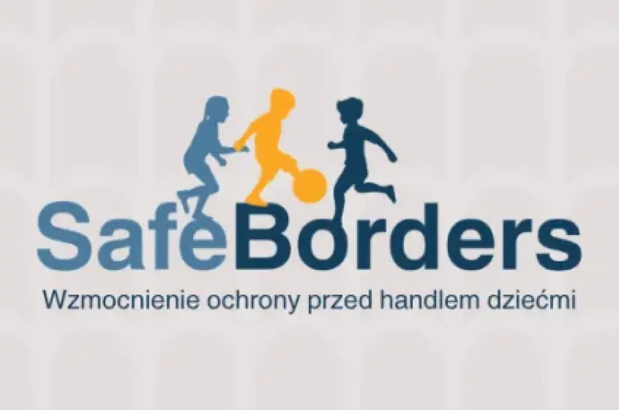 Logo projektu SafeBorders z hasłem o ochronie dzieci przed handlem.