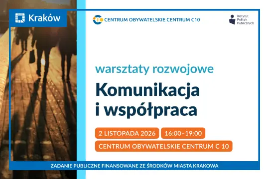 Plakat warsztatów rozwojowych z fotografią przedstawiającą sylwetki ludzi rzucających długie cienie na chodnik.