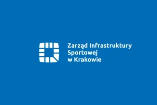 Logo Zarządu Infrastruktury Sportowej w Krakowie na niebieskim tle.
