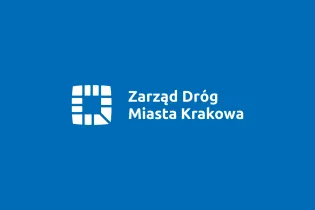 Logo Zarządu Dróg Miasta Krakowa na niebieskim tle.