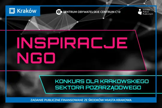 Grafika promująca konkurs „Inspiracje NGO” dla krakowskiego sektora pozarządowego. Na czarnym, rozmytym tle widoczne są geometryczne linie i połączenia. 