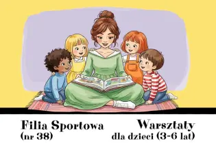 Kobieta czyta książkę dzieciom w różnym wieku na kolorowym tle.