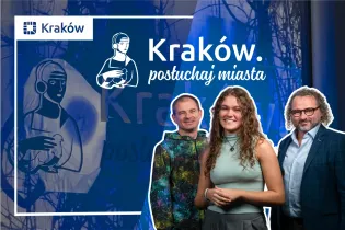 Kraków, postuchaj miasta, trójka ludzi na tle grafiki z logo miasta.