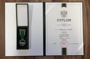 Dyplom z medalem za osiągnięcia, z orłem i zielono-czerwonymi detalami.