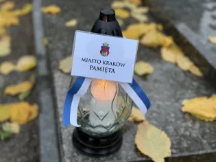 Znicz z napisem Miasto Kraków Pamięta, otoczony opadłymi liśćmi.